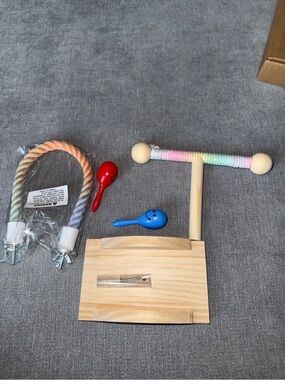 Wooden Bird Perch Play Stand with Rainbow Rope and Toys - Pastel